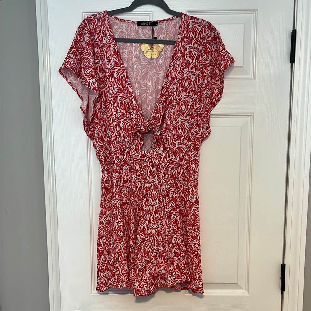 Amazon Red and White Tie Front Jumpsuit with Flutter Sleeves